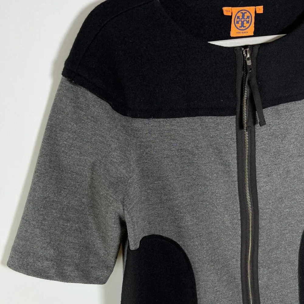 Tory Burch Colorblock Full Zip Blazer Jacket SIZE S Short Sleeve Black Gray